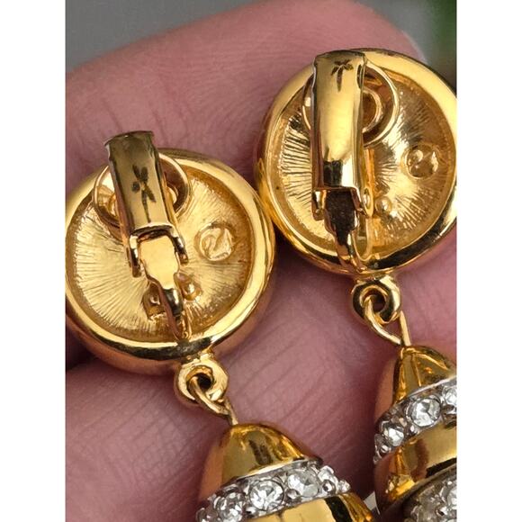Vintage Signed Swarovski Gold Tone Earrings Dangle Pave Crystal Balls Clip On - Picture 8 of 8